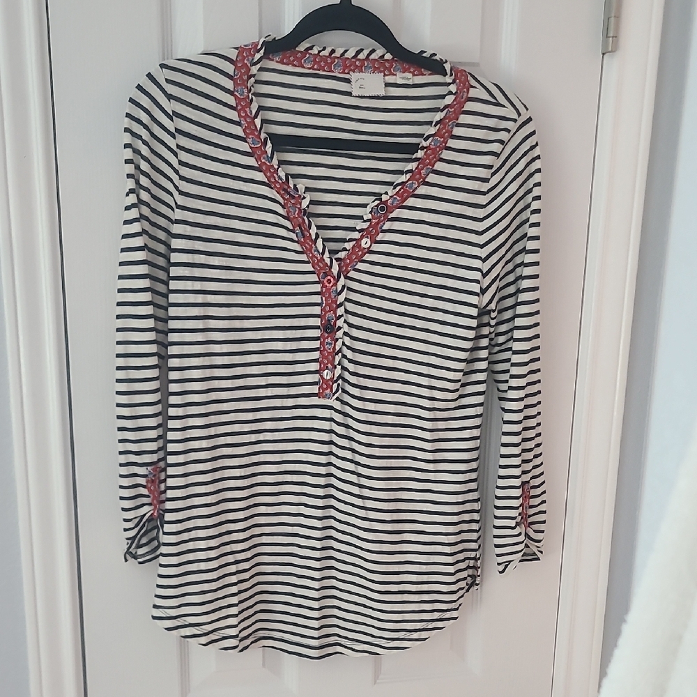 Striped V-Neck Top with Red Accents